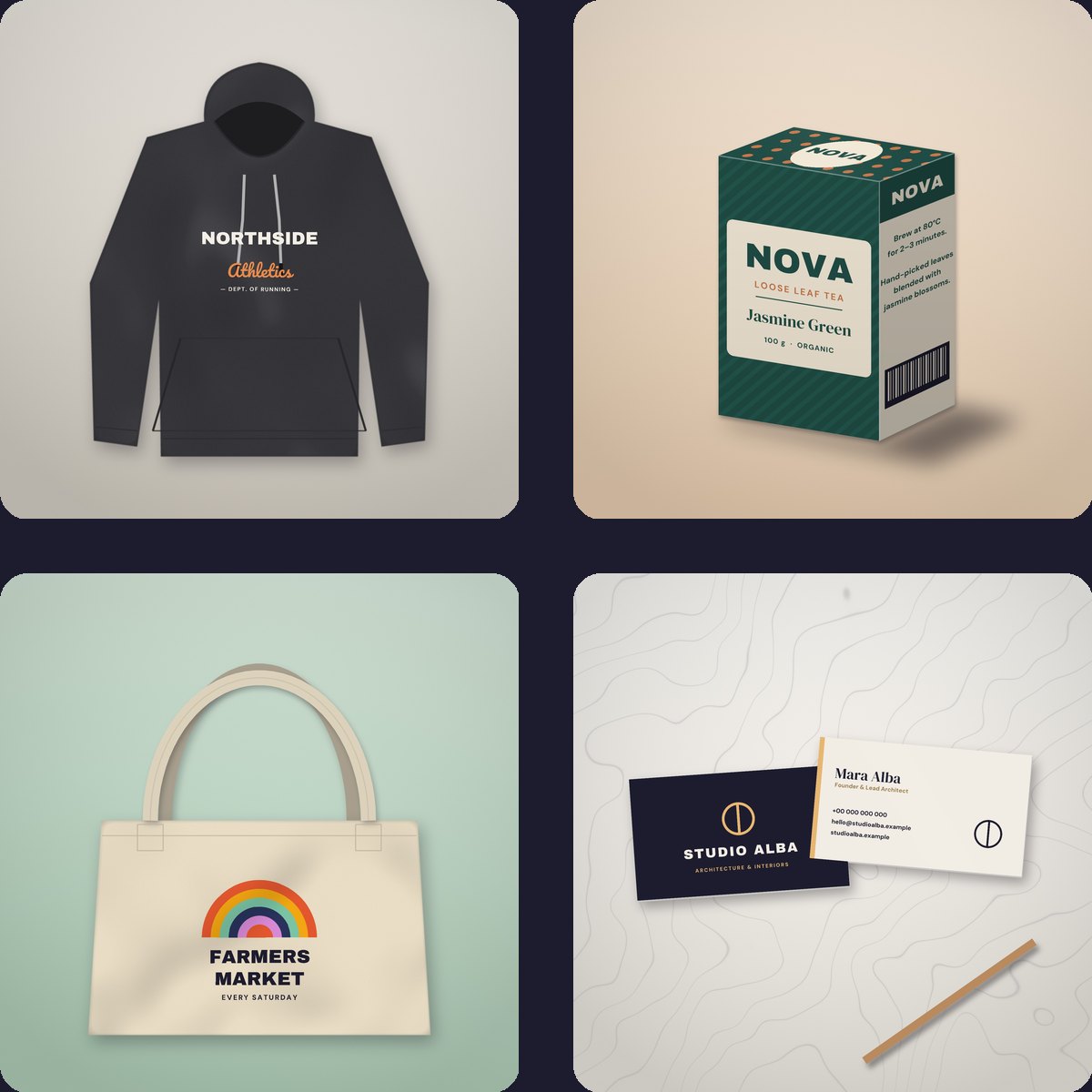 Hoodie, packaging, tote bag and business card mockups