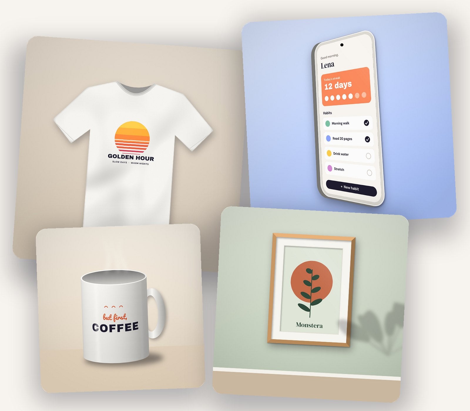 T-shirt, phone, mug and framed poster mockups